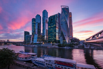 Modern corporate buildings at sunset in Moscow, the capital and largest city of Russia.