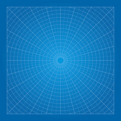 Vector illustration polar grid isolated on blue background. Polar coordinate circular grid in flat style. 360 degrees scale. Blank polar graph paper template.