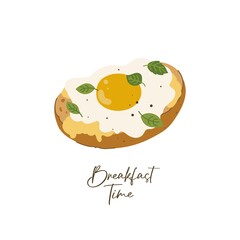 Breakfast time. Morning sandwich. Healthy food. Hand drawn breakfast food elements with fried egg, toasted bread and leaves. Flat vector illustration. 