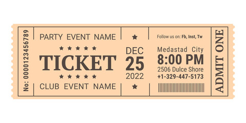 Entrance ticket template for event, hangout in retro style