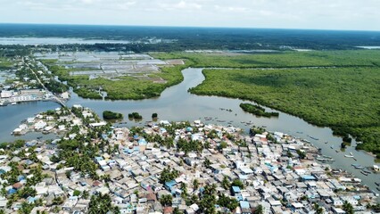 Amazing views from air shot by drone Pallam Island with perfect nature and buildings of village water green trees boats travel pictures best views houses streets roads river environment background 