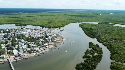 Amazing views from air shot by drone Pallam Island with perfect nature and buildings of village water green trees boats travel pictures best views houses streets roads river environment background 