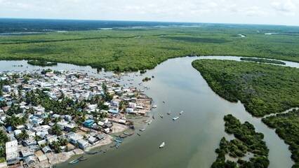 Amazing views from air shot by drone Pallam Island with perfect nature and buildings of village water green trees boats travel pictures best views houses streets roads river environment background 