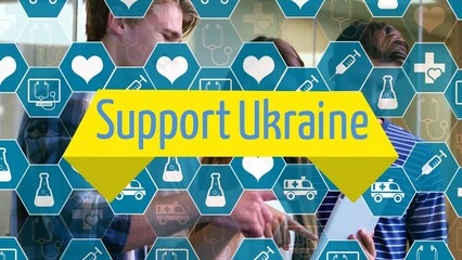 Animation of medical icons and support ukraine text over diverse group of people - Powered by Adobe