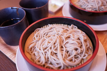 Authentic Chilled Zaru Soba with onion and wasabi, Japanese food - 日本蕎麦 ざるそば
