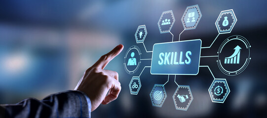 Internet, business, Technology and network concept.Coach motivation to skills improvement. Education concept. Training. Leadership skills. Human abilities. Virtual button.