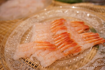 Japanese Food, Shrimp Sashimi with Wasabi - 日本料理 甘エビ お刺身 盛り合わせ - obrazy, fototapety, plakaty