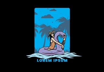 Girl wearing beach hat in an inflatable lifebuoy Flamingo illustration