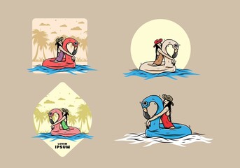 Girl wearing beach hat in an inflatable lifebuoy Flamingo illustration