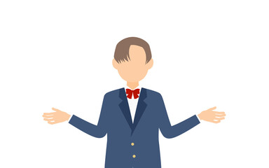 ジェンダーレス生徒、ブレザーの制服、両手を広げたお手上げのジェスチャー