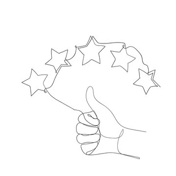 continuous line drawing thumb up and star symbol for customer review icon related