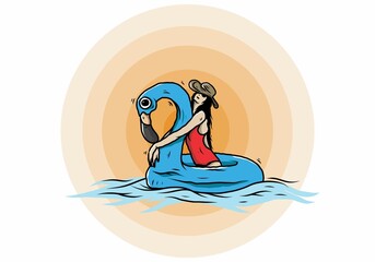 Girl wearing beach hat in an inflatable lifebuoy Flamingo illustration