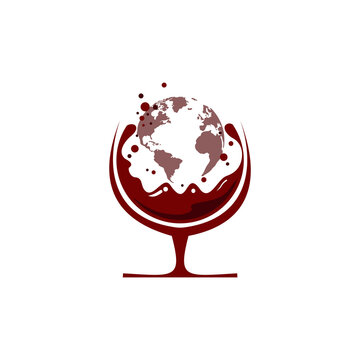 Logo Glass Wine With World Vector