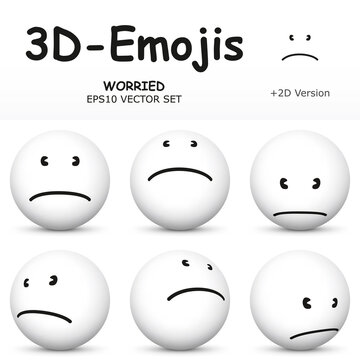 Emoji with Worried, Troubled Facial Expressions  in 6 Different 3D Perspectives -  EPS10 Vector Collection