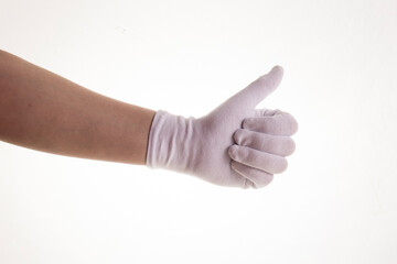 Hands gesticulating in white textile gloves on a white background