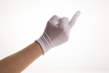 Hands gesticulating in white textile gloves on a white background