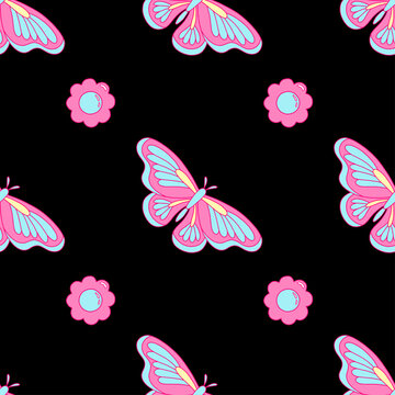 Daisy flower and butterfly in y2k style. Vector seamless pattern in pink and blue colors on black background. Hand-drawn illustration in flat style for groovy background, wallpaper, fabric, textile.