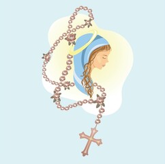 virgin mary and rosary of rose flowers. yellow halo, pale blue cape. religious illustration. catholic prayer