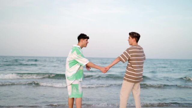 Happy Young Gay Couple Walking Along The Beach Together