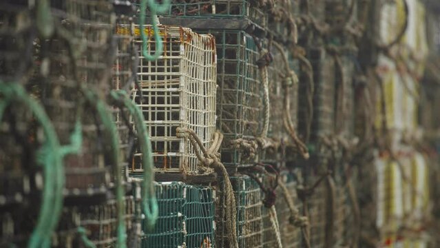 Lobster trap detail shot in maine with fog mist weather 4k 60p