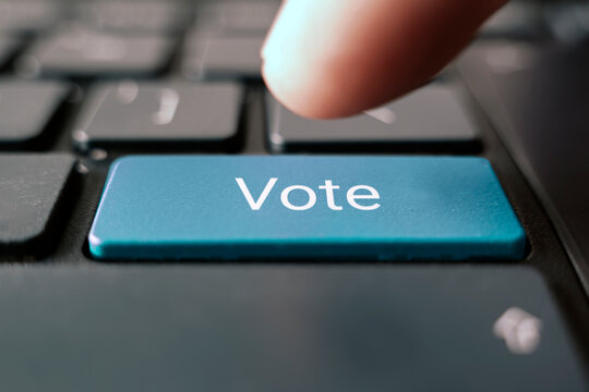 the concept of electronic voting in elections. Voice of the people - means the opinion of the majority of the people, text concept button on keyboard