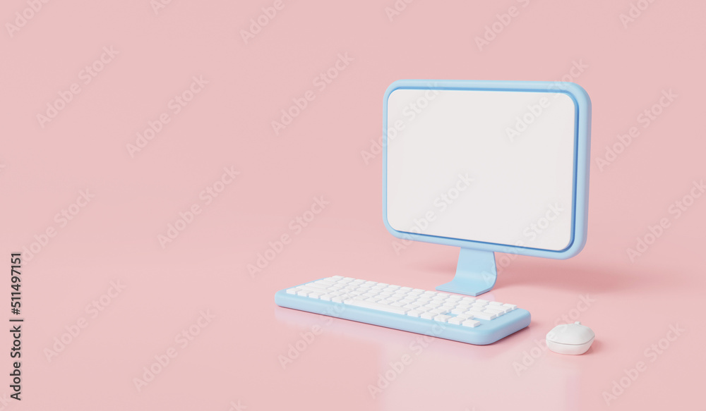 Poster Sky blue computer display  blank screen display icon isolated on pink background with copy space. Computer, notebook ,copy space. Cartoon minimal style. 3d rendering illustration