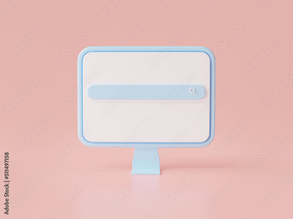 Poster Computer display  blank screen display icon isolated on pink background with search bar icon.internet search, website. web search concept ,copy space. Cartoon minimal style. 3d rendering illustration
