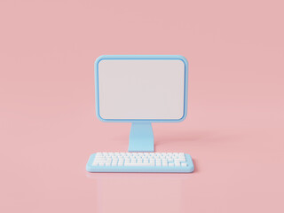 Sky blue computer display  blank screen display icon isolated on pink background with copy space. Modern desktop PC. cartoon minimal style. 3d rendering illustration