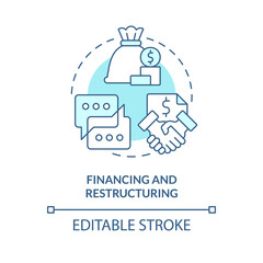 Financing and restructuring turquoise concept icon. Complete sale agreement. Merger abstract idea thin line illustration. Isolated outline drawing. Editable stroke. Arial, Myriad Pro-Bold fonts used
