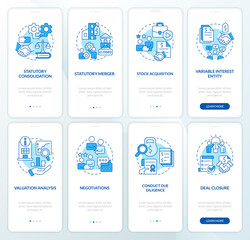 Business consolidation blue onboarding mobile app screen set. Walkthrough 4 steps editable graphic instructions with linear concepts. UI, UX, GUI template. Myriad Pro-Bold, Regular fonts used