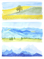 Watercolor hand drawn set of three different landscapes illustrations isolated on white