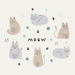 Creative children's hand-drawn texture. Vector illustration of cute cats hand-drawn in Scandinavian style for a typographic poster, postcard, label, flyer, page, banner, children's clothing, nursery.