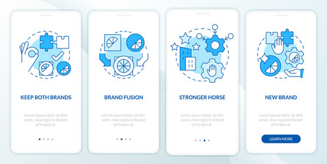 Brand consolidation strategies blue onboarding mobile app screen. Walkthrough 4 steps editable graphic instructions with linear concepts. UI, UX, GUI template. Myriad Pro-Bold, Regular fonts used