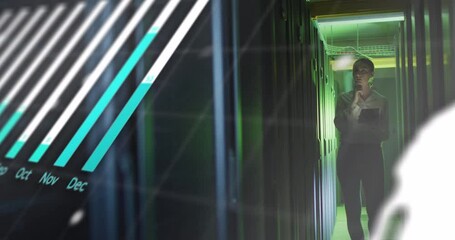 Data processing against caucasian female engineer with digital tablet working in server room - Powered by Adobe