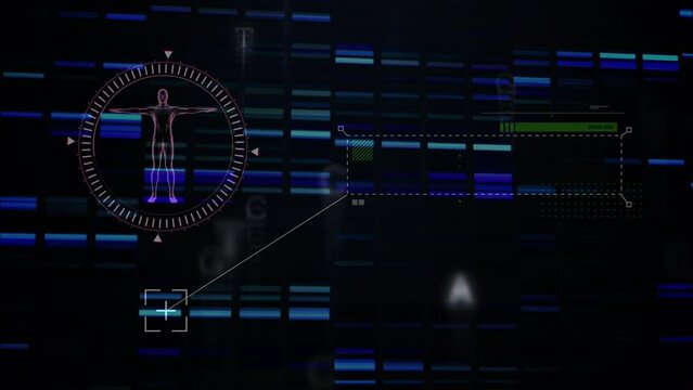 Animation of digital screen with biological data on black background