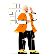 MBTI person concept. Myers Briggs personality typology. Young guy builds diagrams in his head, metaphor for structural thinking. Programmer or IT Specialist. Cartoon flat vector illustration
