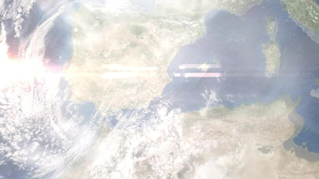 Earth zoom in from outer space to city. Zooming on Orihuela, Spain. The animation continues by zoom out through clouds and atmosphere into space. Images from NASA