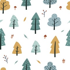 Vector hand-drawn color children's seamless autumn pattern with trees, leaves, acorns, mushrooms on a white background in Scandinavian style.  Children's forest texture for fabric, wallpaper, clothes.
