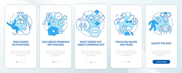 Dealing with change blue onboarding mobile app screen. Easy adaptation walkthrough 5 steps editable graphic instructions with linear concepts. UI, UX, GUI template. Myriad Pro-Bold, Regular fonts used
