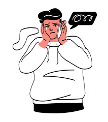 People crying and feel grief. Man with red face covers ears with hands. Protection from bad information and unwanted news. Depression and sadness, frustration. Cartoon flat vector illustration