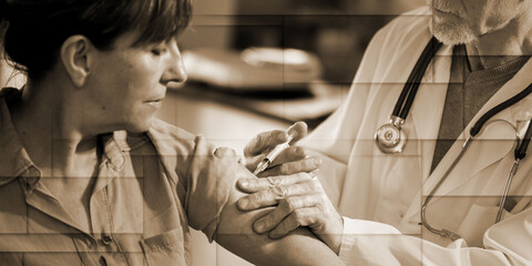 Doctor giving vaccin injection to patient, geometric pattern