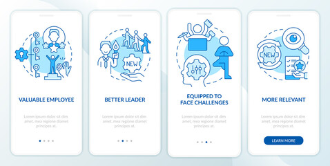 Benefits of workplace adaptability blue onboarding mobile app screen. Walkthrough 4 steps editable graphic instructions with linear concepts. UI, UX, GUI template. Myriad Pro-Bold, Regular fonts used