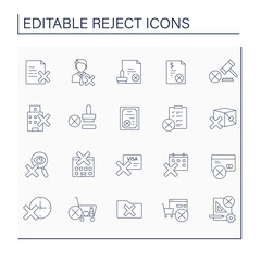 Rejection line icons set. Refuse to accept, use things, laws. Unacceptance. Cancellation concept.Isolated vector illustrations. Editable stroke