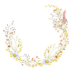 Wild flowers watercolor wreath botanical hand drawn illustration