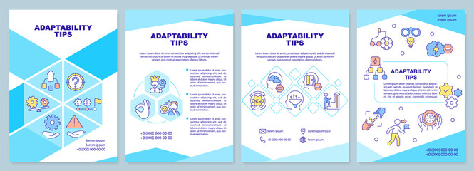 Fototapeta na wymiar Adaptability tips blue brochure template. Flexibility skills. Leaflet design with linear icons. Editable 4 vector layouts for presentation, annual reports. Arial-Black, Myriad Pro-Regular fonts used