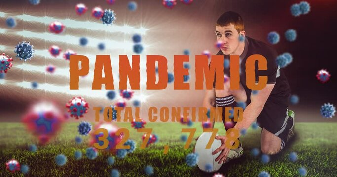 Animation of pandemic total confirmed over caucasian male rugby player at stadium - Powered by Adobe
