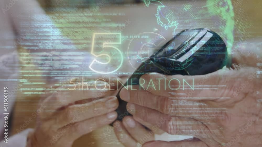 Poster 5g text, globe and data processing against close up of a person using card machine to make payment