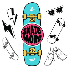 Hand drawn skateboarding elements. Skate doodle illustration.