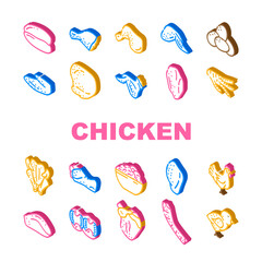 Chicken Carcass, Meat And Organs Icons Set Vector. Chicken Broiler Skinless And Boneless Fillet And Quarter Back, Wings And Drumstick, Liver And Heart. Little Chick Farmland Bird Color Illustrations