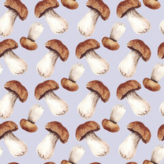 Watercolor seamless pattern with mushrooms, summer autumn forest background.